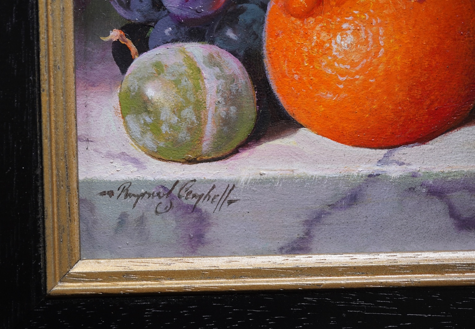 Raymond Campbell, (b. 1956), ‘Oranges, Grapes, greengage, and wine glass’